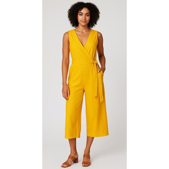 Tash+Sophie Pants - Tash+Sophie Jumpsuit Women 10 Yellow Linen Blend Sleeveless Wrap‎ Wide Leg Crop